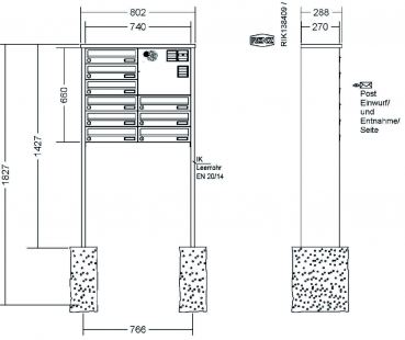 RENZ Briefkastenanlage freistehend, Tetro, Edelstahl V4A, Kastenformat 370x110x270mm, mit Klingel - & Lichttaster und Vorbereitung Gegensprechanlage, 9-teilig